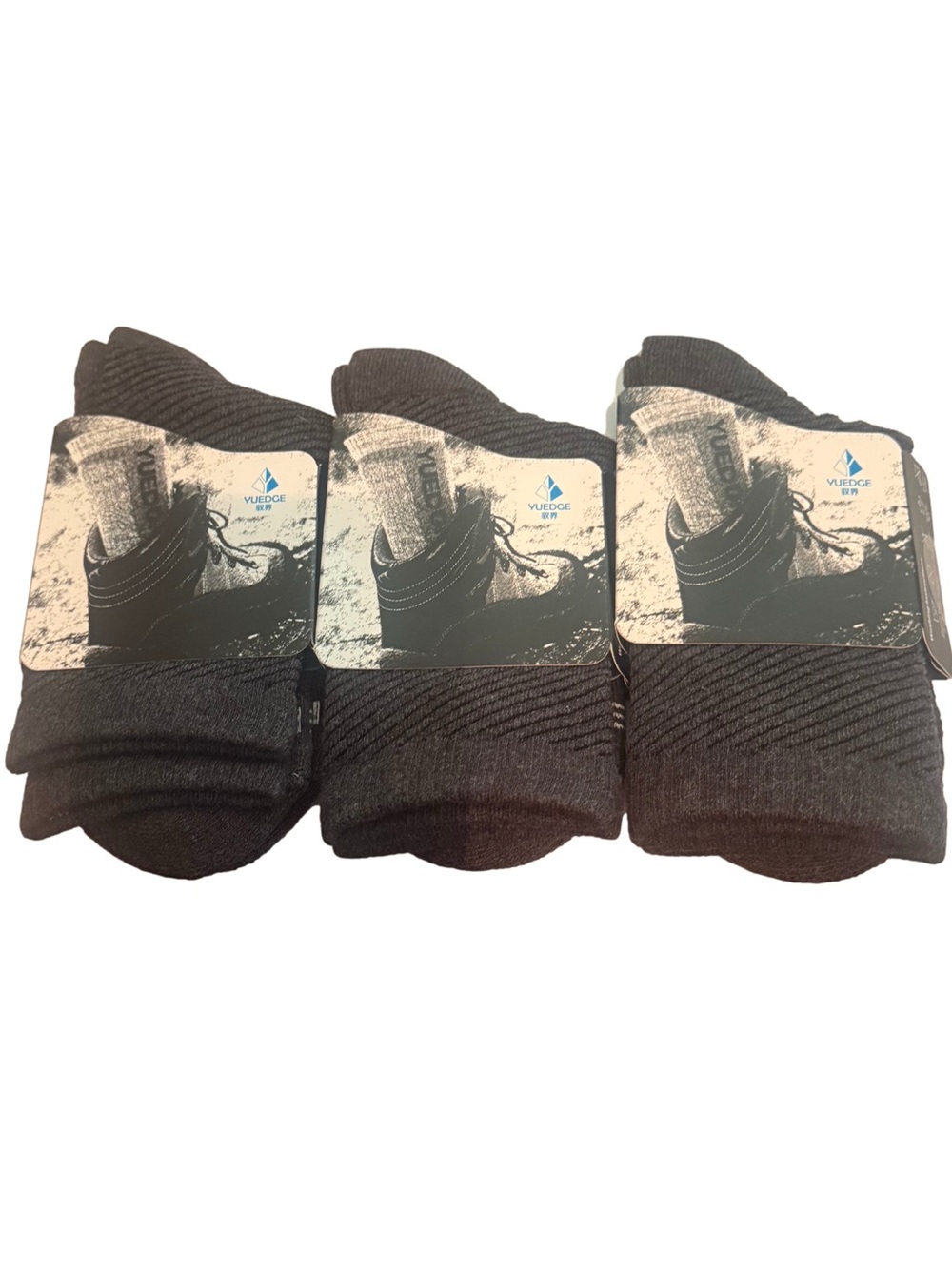 Yuedge 3-Pack Dark Gray Cushioned Crew Socks Cotton Blend Work Hiking Boot Socks